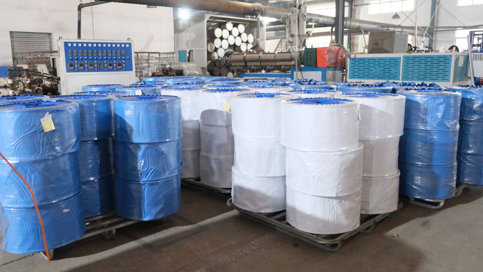 Finished layflat hose rolls in warehouse